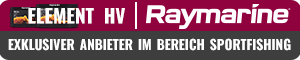 Grauer Hintergrund mit Element HV und Raymarine Logo, Schriftzug: Exklusiver Anbieter im Bereich Sportfishing.