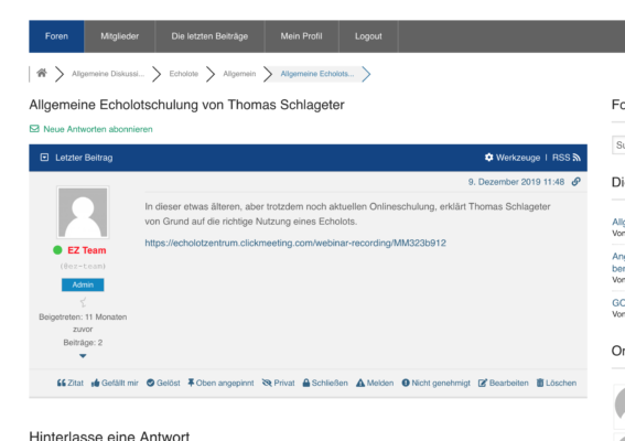 1 Stunde Echolotschulung als Webinaraufzeichnung im EZ Forum