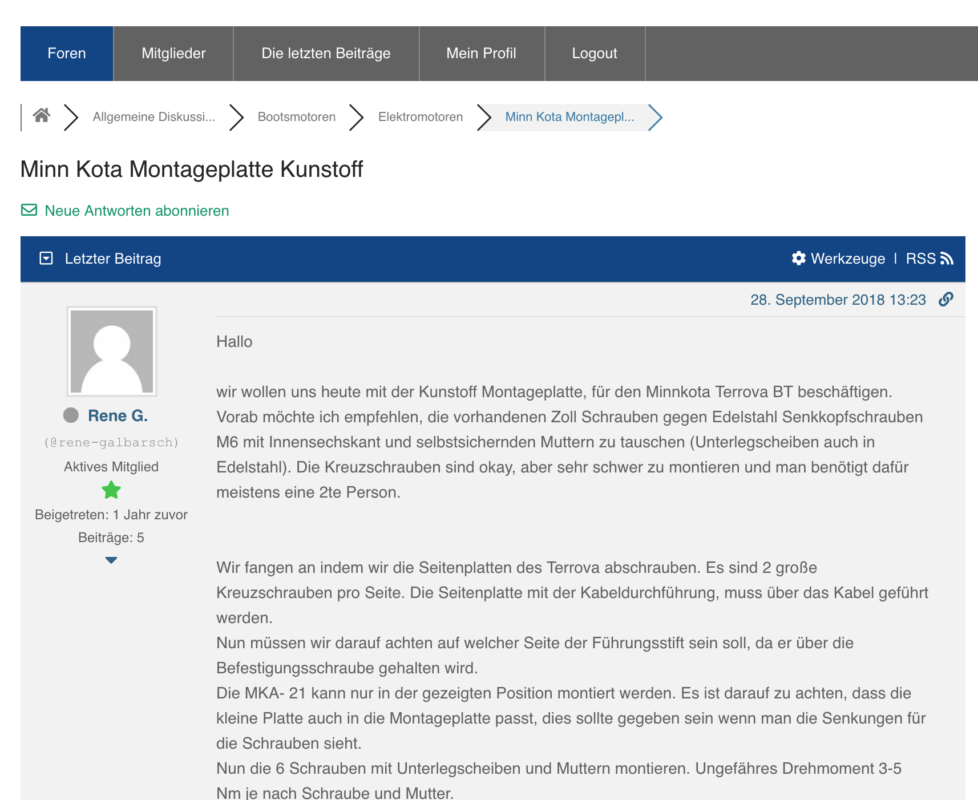 Im EZ Forum: Wie man einen MinnKota Bugmotor montiert....