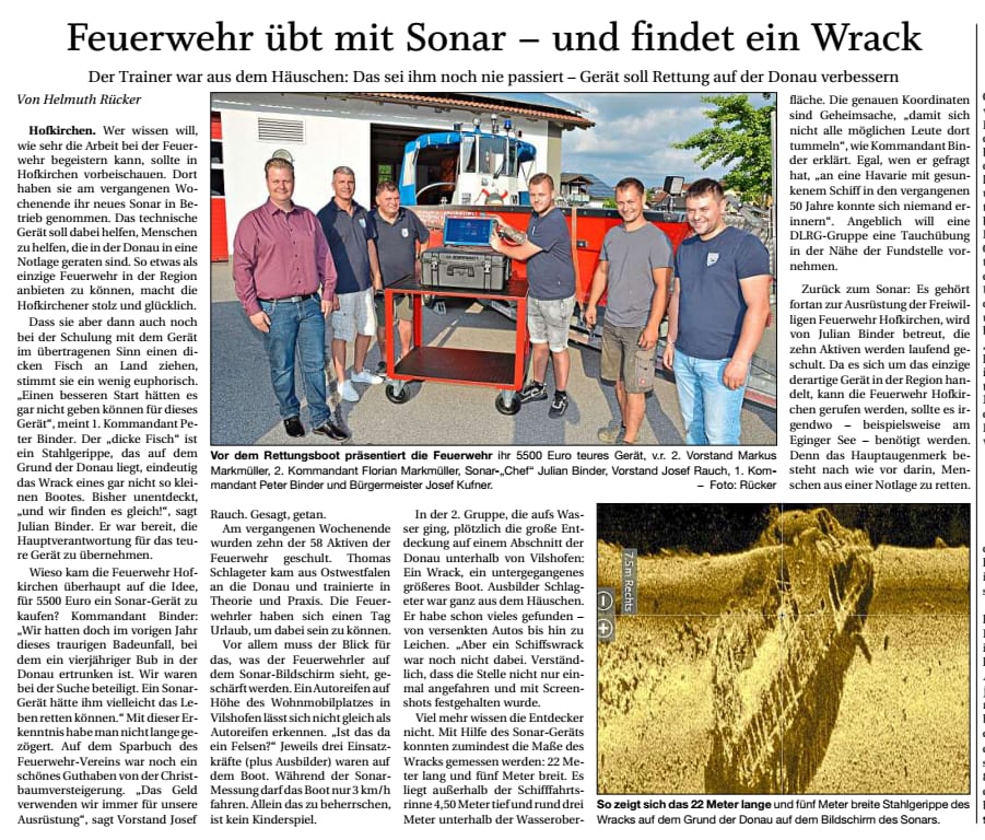 Hofkirchen / Feuerwehr übt mit Sonar und findet ein Wrack auf dem Grund der Donau ?⁠ ⁠