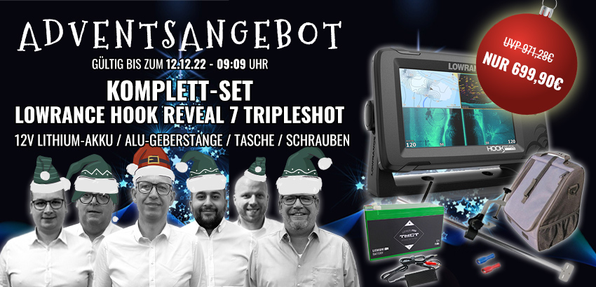 Aktions Komplettset - Lowrance Hook Reveal 7 TripleShot inkl. Geber / 12V Lithium-Akku / Alu-Geberstange / Tasche / Schrauben