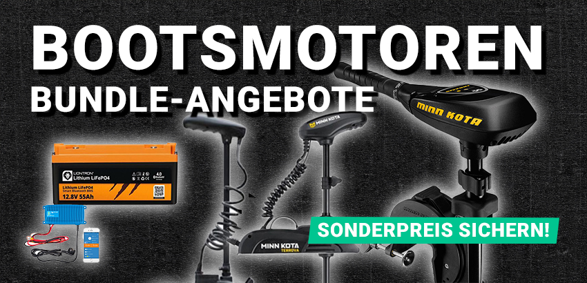 Bootsmotoren, Lithium-Akku und Zubehör auf schwarzem Hintergrund. Text: Bootsmotoren Bundle-Angebote, Sonderpreis sichern!.