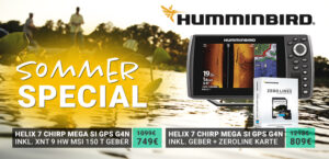 Humminbird Echolot und Zubehör mit Naturhintergrund; zwei Produkte mit Preisen, Sommer Special Angebot.