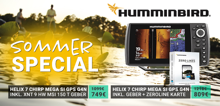 Humminbird Echolot und Zubehör mit Naturhintergrund; zwei Produkte mit Preisen, Sommer Special Angebot.
