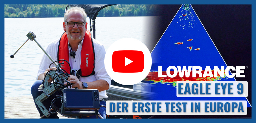 Eine Person mit Rettungsweste hält ein Echolot, daneben ein Sonarbild, ein YouTube-Logo, Text: Lowrance Eagle Eye 9.