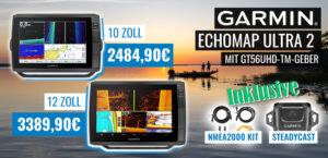 Zwei Garmin Echomap-Ultra-2-Geräte am See, 10 und 12 Zoll, Preise und Zubehör inklusive: NMEA2000 Kit, SteadyCast.