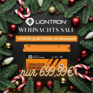 Weihnachtliches Bild mit einer Lithiumbatterie, umgeben von Tannenzweigen und Weihnachtsdeko, Preis 699,99€.