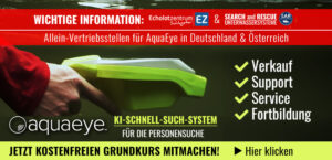 Ein Hand hält ein grünes Gerät. Es gibt Text zur Vertriebsinformation und Kursanmeldung für AquaEye in Deutschland und Österreich.