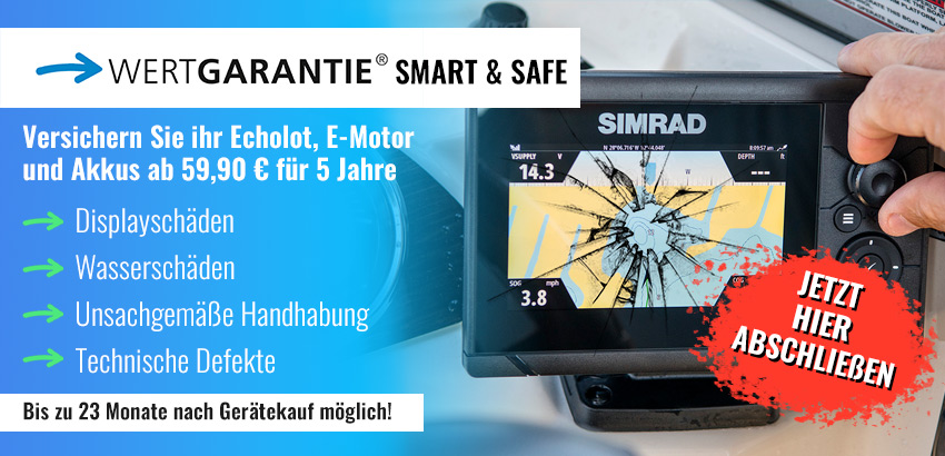 Ein Echolot mit gesprungenem Bildschirm, daneben Informationen zur Geräteversicherung.