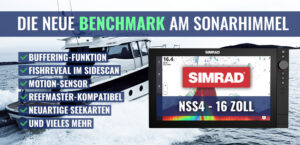 Bild zeigt ein großes Boot und ein Simrad NSS4 16-Zoll-Display mit Funktionen wie FishReveal und Motion-Sensor.