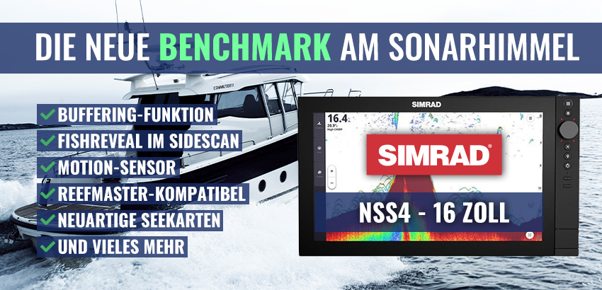 Bild zeigt ein großes Boot und ein Simrad NSS4 16-Zoll-Display mit Funktionen wie FishReveal und Motion-Sensor.