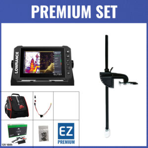 PREMIUM Set - Lowrance Elite FS 7 mit 83/200 HDI-Geber - Echolottasche / Minn Kota-Geberstange / 12V18Ah Lithium-Akku / Lader / QuickConnect