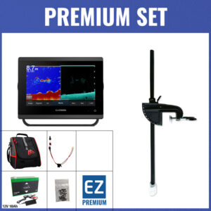 PREMIUM Set - Garmin GPSMAP 723xsv mit GT56UHD-TM Geber - Echolottasche / Minn Kota-Geberstange / 12V18Ah Lithium-Akku / Lader / QuickConnect