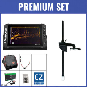 PREMIUM Set - Lowrance Elite FS 9 mit AI 3-in-1 Geber - Echolottasche / Minn Kota-Geberstange / 12V18Ah Lithium-Akku / Lader / QuickConnect