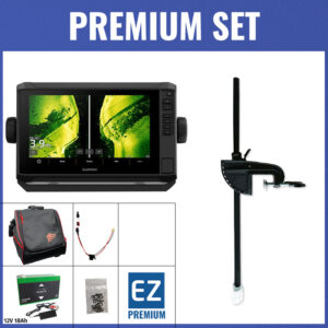 PREMIUM Set - Garmin ECHOMAP UHD2 92sv mit GT56UHD-TM Geber - Echolottasche / Minn Kota-Geberstange / 12V18Ah Lithium-Akku / Lader / QuickConnect