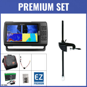 PREMIUM Set - Garmin Striker Vivid 9sv mit GT52HW-TM Geber - Echolottasche / Minn Kota-Geberstange / 12V18Ah Lithium-Akku / Lader / QuickConnect